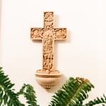 A True Church Cross Holy Water Font -  Antiqued Alabaster - 12 Inches