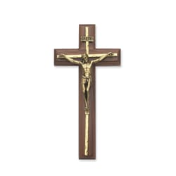Beveled Walnut Crucifix with Brass/Gold Overlay 10 inch