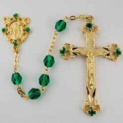 Green Glass Irish Rosary w/Enameled GP Pewter Crucifix
