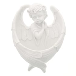 Guardian angel with wings making up font, white alabaster, 6½”