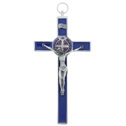 St. Benedict Blue enamel Crucifix, 7 1/2 by 4 inches