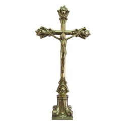 Standing Crucifix on Round Base - Shiny Brass - 14.5 Inches