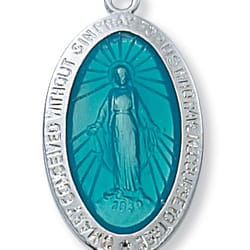 Sterling Silver Blue Enamel Miraculous Medal on 18 inch chain