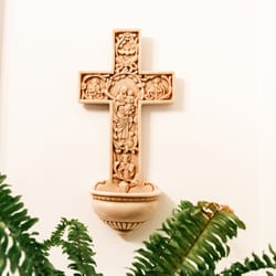 A True Church Cross Holy Water Font - Antiqued Alabaster - 12 Inches