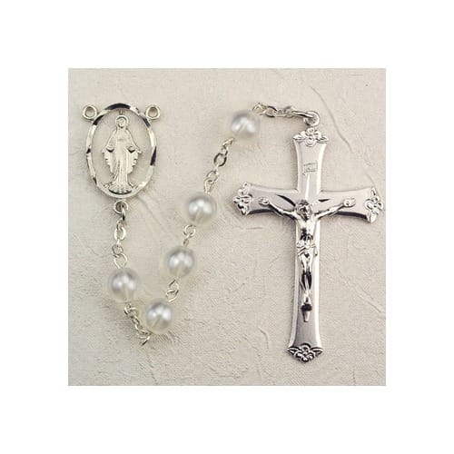 Deluxe Pewter 7mm White Pearlized Rosary