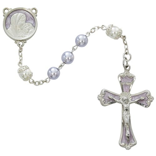 7 Mm Frosted Lavender Rosary With Rhodium Crucifix And Center