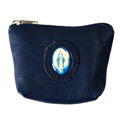 Our Lady Of Grace Blue Leather Zipper Rosary Purse