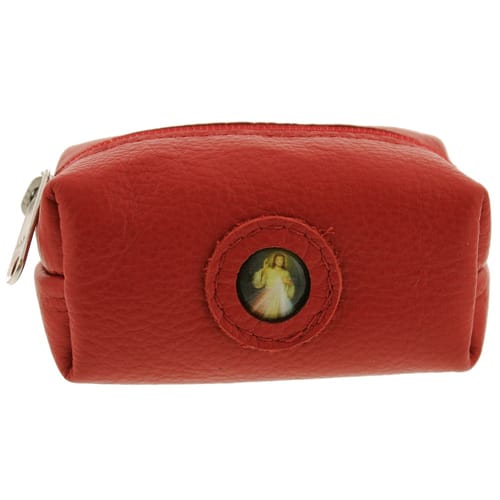 Divine Mercy Red Leather Zipper Rosary Purse