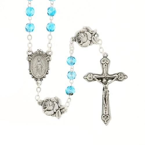 Aqua Miraculous Medal With Roses Rosary