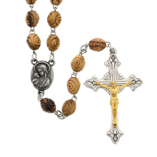 Olive Wood Carved Bead Rosary With Holy Land Soil