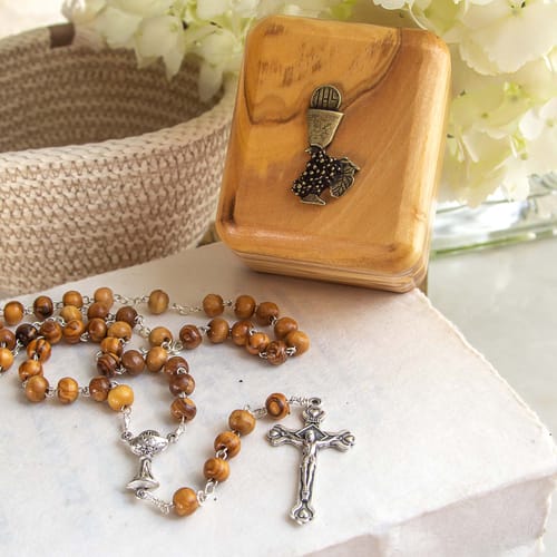 First Communion Olive Wood Rosary &amp; Box