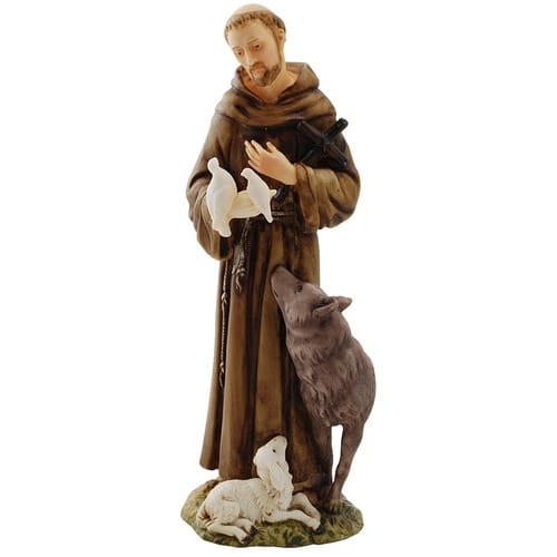 St. Francis Alabaster Statue W/ Wolf - 6 Inches