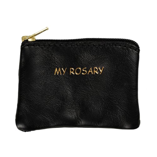 Black Leather Rosary Pouch With Gold Lettering &amp; Zipper