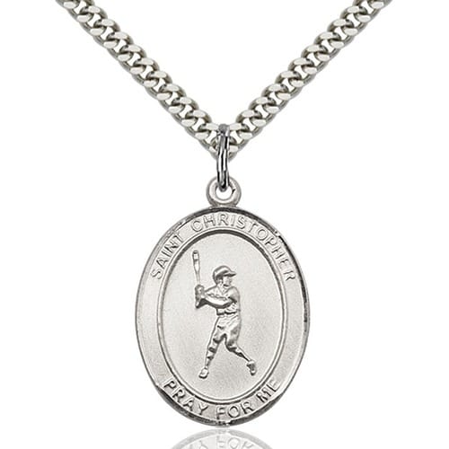 Sterling Silver St. Christopher Medal W/ Chain - Baseball