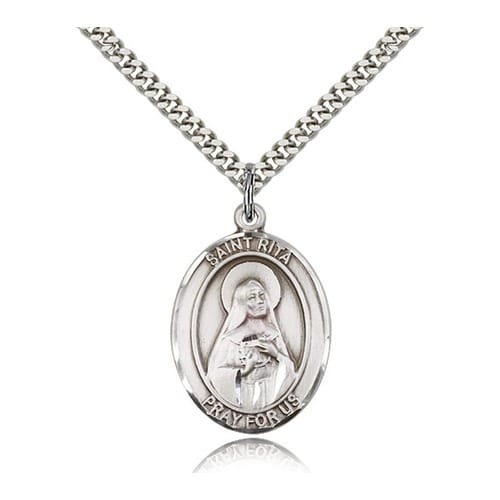 Sterling Silver St. Rita Of Cascia Baseball Pendant W/ Chain