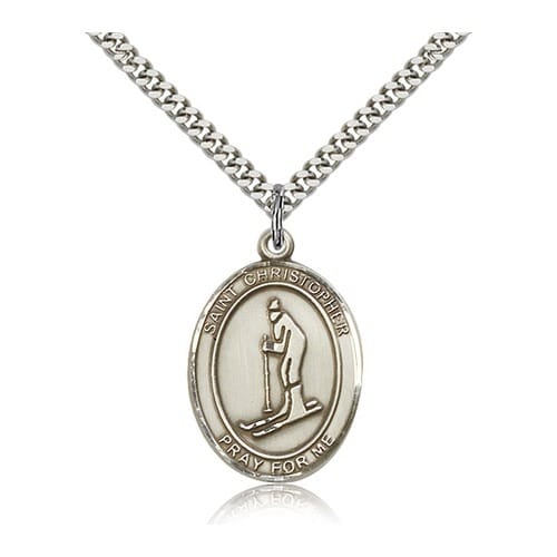 Sterling Silver St. Christopher Medal W/ Chain - Ski