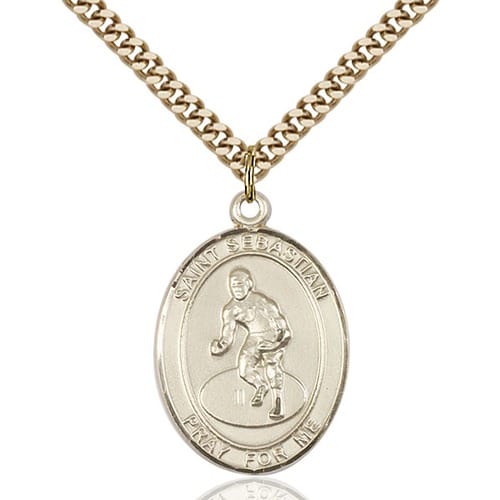 14kt Gold Filled St. Sebastian / Wrestling Pendant W/ Chain