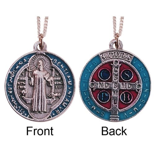 Silver and Blue Enameled St. Benedict Medal and Chain