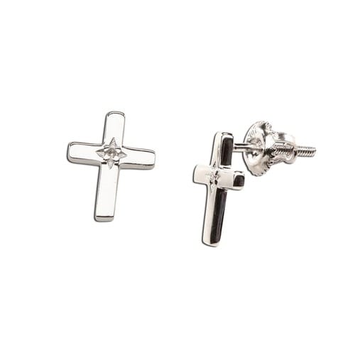 Sterling Silver Cross Earrings With Diamond Accent