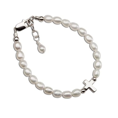 Sterling Silver Freshwater Pearl Cross Bracelet - Youth Medium