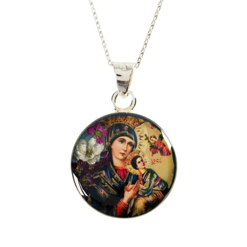 Our Lady Of Perpetual Help Necklace With Pressed Flowers, 16&quot;