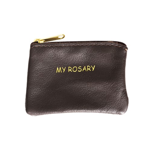 Brown Leather Rosary Pouch With Gold Lettering