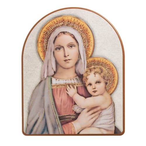 Italian Arched Wood Madonna &amp; Child Plaque