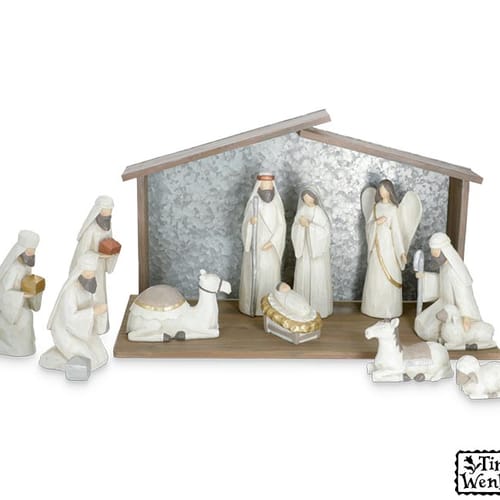 Farmhouse Style White Nativity And Creche - 11 Pieces