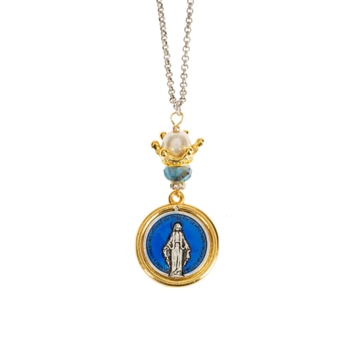 Crown &amp; Crystal Blue Enamel Miraculous Medal Necklace