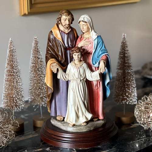 Italian Holy Family Statue On Wood Base - 15.8&quot;