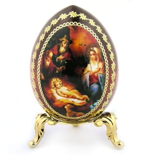 Nativity of Christ Russian Wooden Egg on Gold Stand