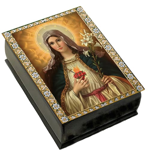 Ornate Wood Immaculate Heart Rosary Keepsake Box