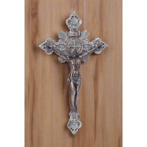 Silver &amp; Bronze Style Baroque St Benedict Crucifix - 7.75&quot;