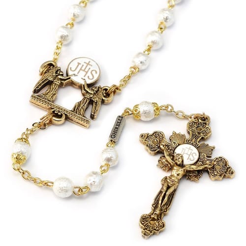 Holy Communion Eucharistic Pearl &amp; Gold Rosary