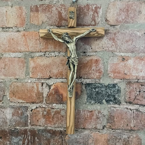 Italian Olive Wood &amp; Bronze Crucifix - 13&quot;