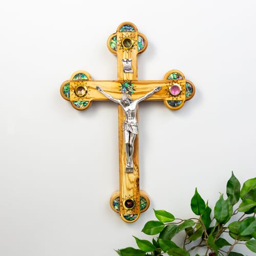 Olive Wood &amp; Mother Of Pearl Crucifix With 4 Elements - 15.25&quot;