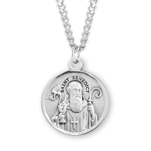 Saint Benedict Round Sterling Silver Medal On 24&quot; Chain