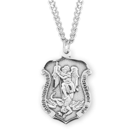 Sterling Laser Cut Shield St. Michael Medal Necklace