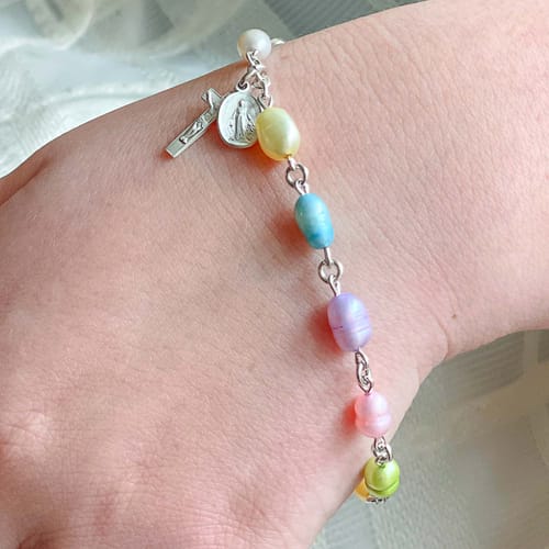 Genuine Freshwater Multi-Colored Pearl Sterling Silver Rosary Bracelet