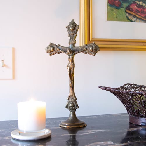 Antique Brass Standing Crucifix - 14 Inch