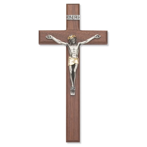 Walnut Crucifix With Two-Tone Corpus - 10 Inches