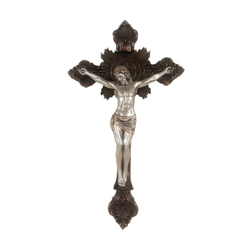 St. Benedict Wall Crucifix Pewter And Bronzed Tone - 14&quot;