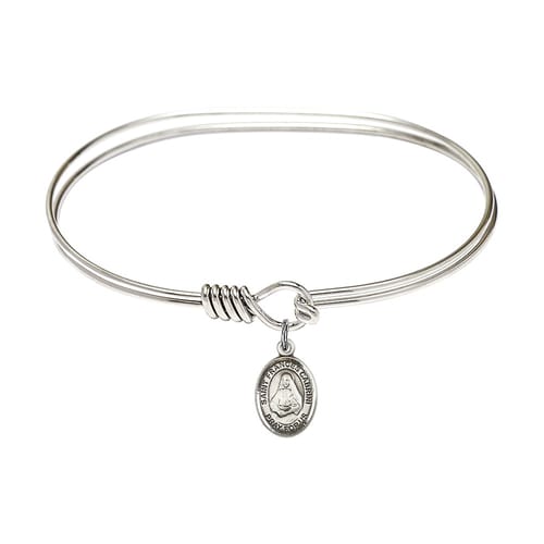 Adult 7&quot; Oval Rhodium Plated Bangle Bracelet With St. Frances Cabrini Medal Charm