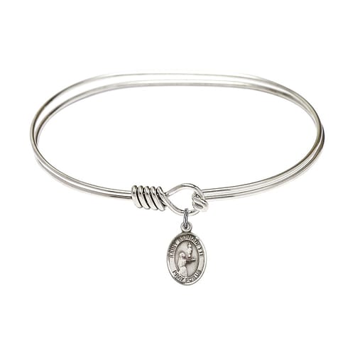 Adult 7&quot; Oval Rhodium Plated Bangle Bracelet With St. Bernadette Medal Charm