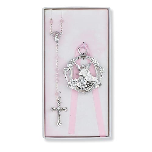 Angel Crib Medal And Pink Rosary Set