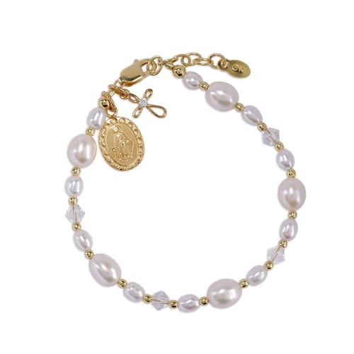 Girl's Gold, Pearl &amp; Crystal Miraculous Medal Bracelet