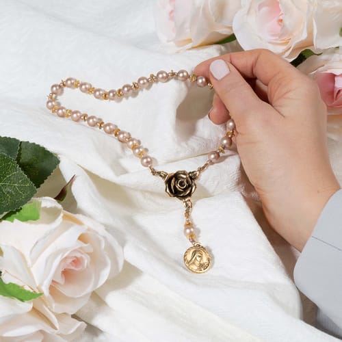 Rose &amp; Antique Gold Chaplet Of St. Therese The Little Flower