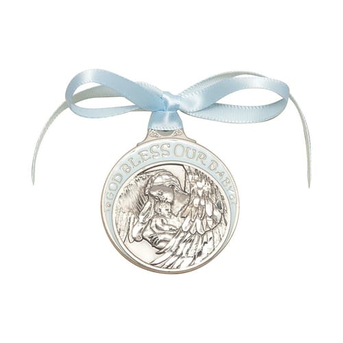 Pewter Baby w/Angel Crib Medal with Blue Ribbon The Catholic Company