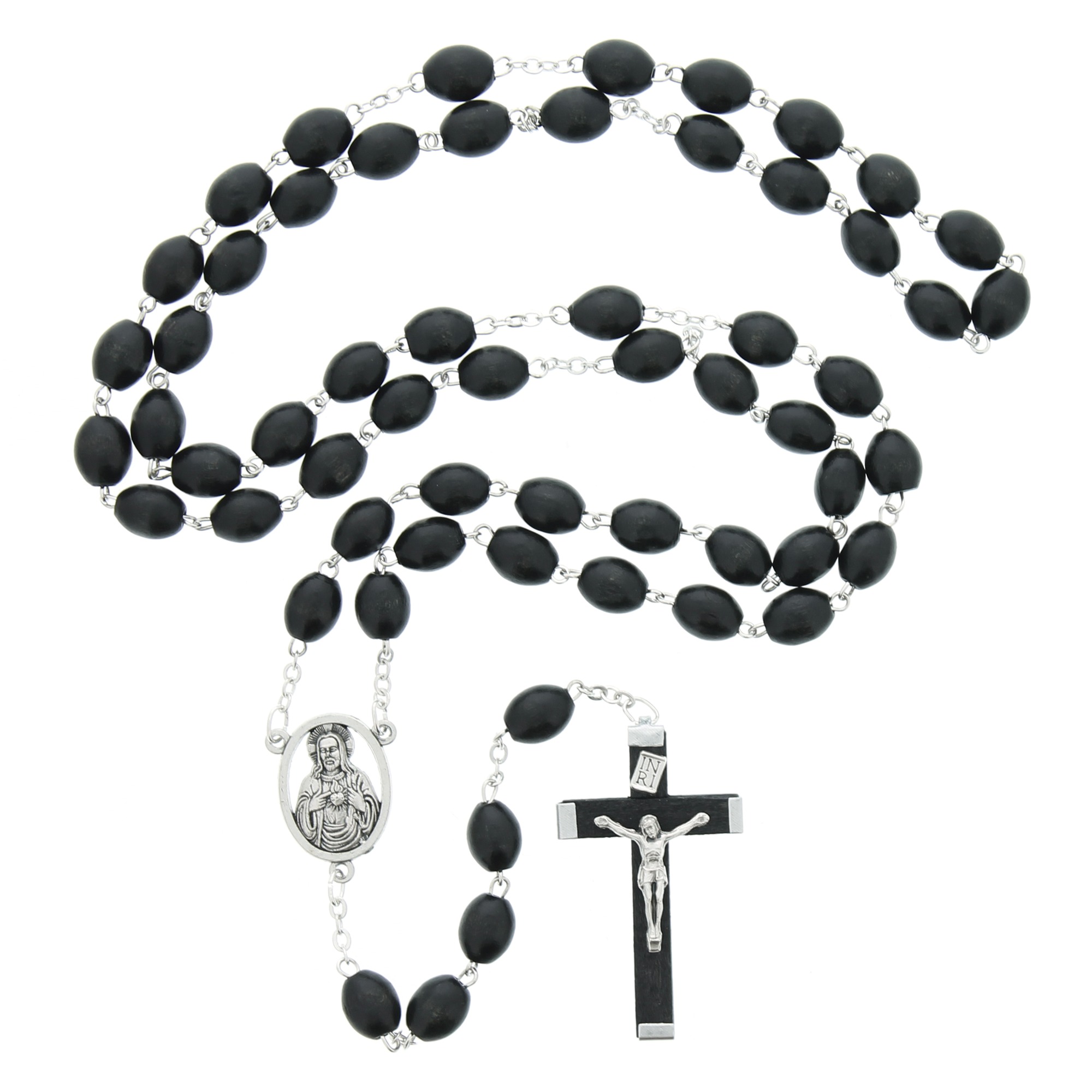 Sacred Heart Black Wood Rosary, 6x8mm 