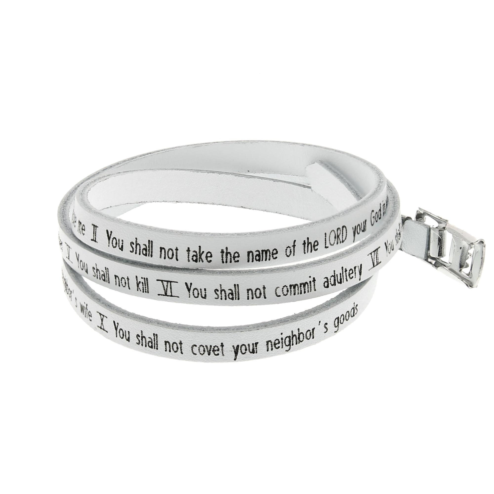 White Ten Commandments Leather Wrap Bracelet The Catholic Company